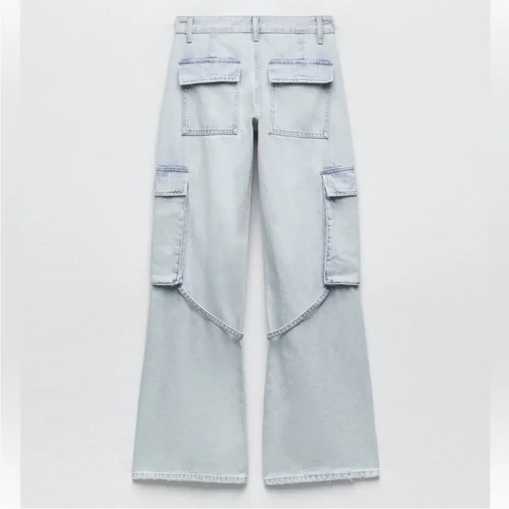 ZARA TRF MID-RISE BELT LOOP CARGO JEANS